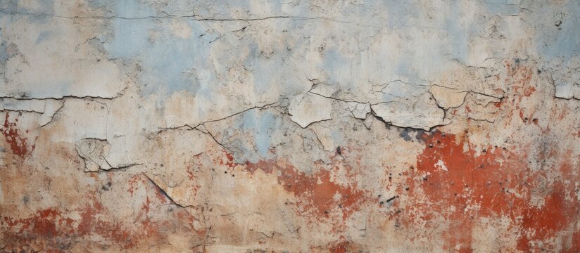 A weathered red and blue wall with peeling paint is shown in the image. The paint is chipped and flaking off, revealing the aged and worn surface underneath.