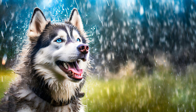 A happy siberian husky dog sitting in the rain outdoors