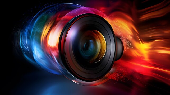 Digital camera lens in motion, close-up. Abstract background.