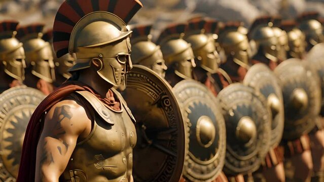 A Hoplite commander leads his troops into battle his bronze armor adorned with intricate designs. He inspires his soldiers with his bravery and strategic mind.