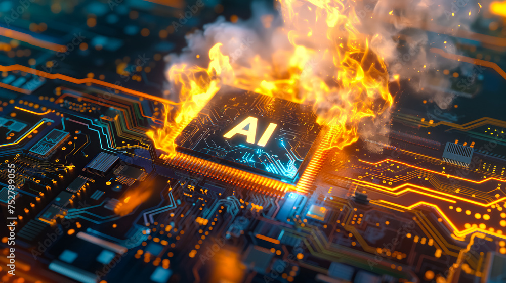 Poster advanced computer processor chip with ai acceleration is burning in dark digital environment.