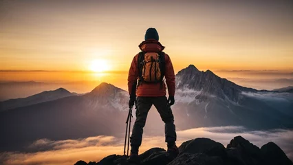 Photo sur Plexiglas Everest Close-up high-resolution silhouette of a person on a mountain top at sunrise, wearing cool hiking gears. Successful journey.