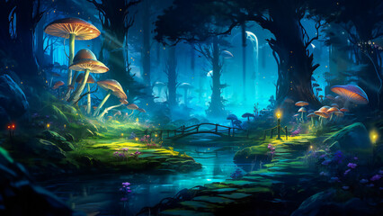 An enchanted forest in the night, with luminescent plants and mushrooms