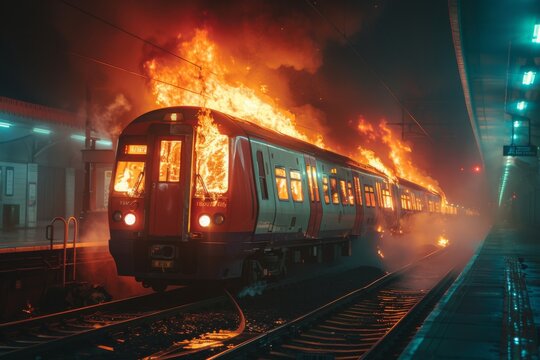 Train on fire, fire, terrorist attack or disaster, selective focus