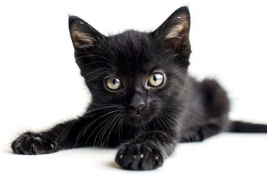 Playful black kitten lying on a white background. Cute pet concept. Design for banner, poster. Studio portrait