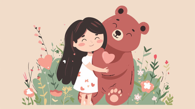Cute girl love bear cartoon .. flat vector