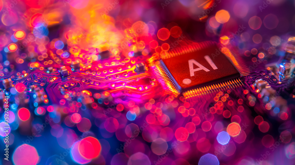 Poster advanced computer processor chip with ai acceleration in dark digital environment.