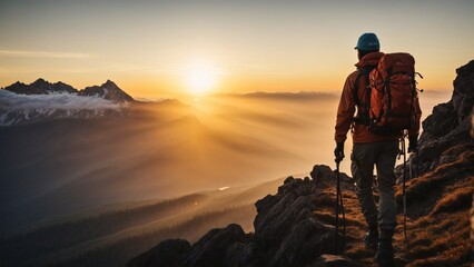 Close-up high-resolution silhouette of a person on a mountain top at sunset, wearing cool hiking gears. Successful journey.
