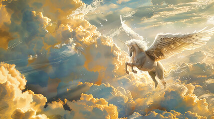 The mythical Pegasus among clouds - obrazy, fototapety, plakaty