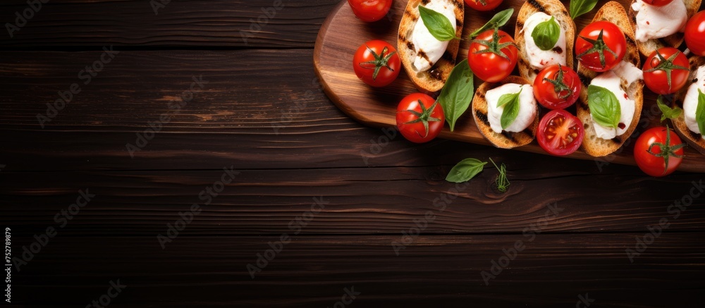 Poster rustic wooden plate displaying array of fresh mozzarella and ripe tomatoes
