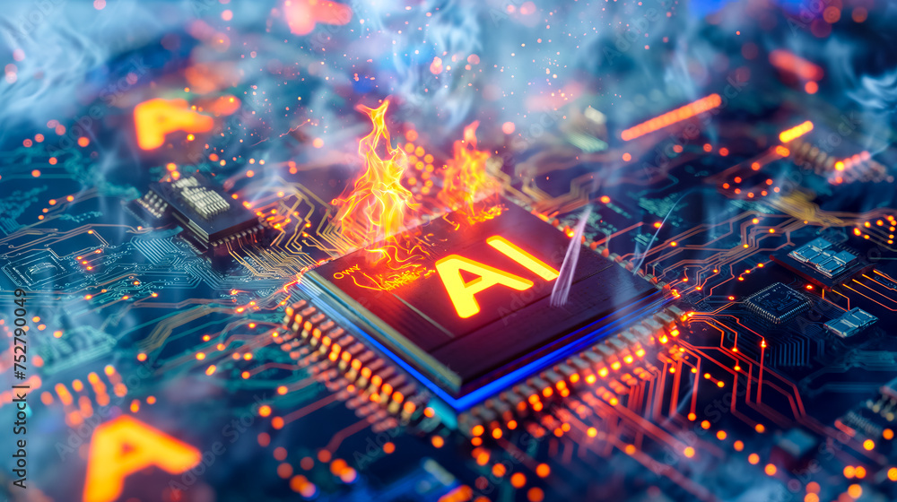 Poster advanced computer processor chip with ai acceleration is burning in dark digital environment.