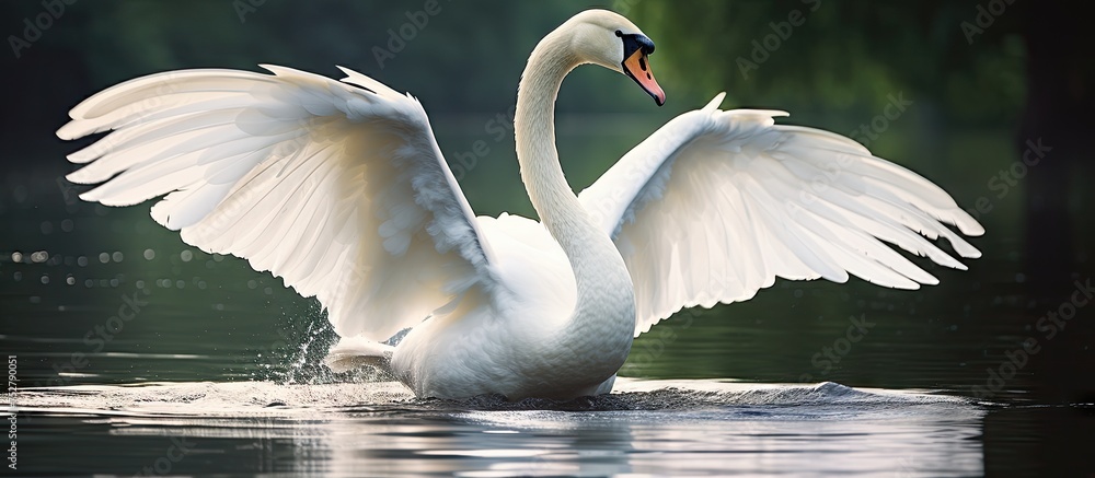 Sticker Graceful Swan Flapping Wings in Serene Water Pond, Elegance of Nature