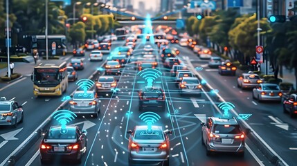 Connected Autonomous Vehicles Driving Through a Modern City, To convey the concept of advanced and connected transportation technology in urban life, - obrazy, fototapety, plakaty