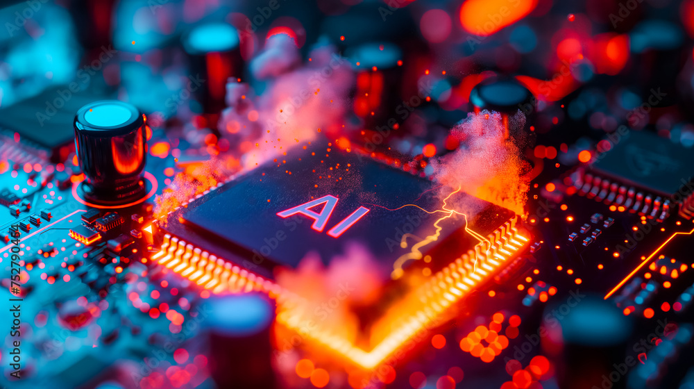 Poster advanced computer processor chip with ai acceleration is burning in dark digital environment.