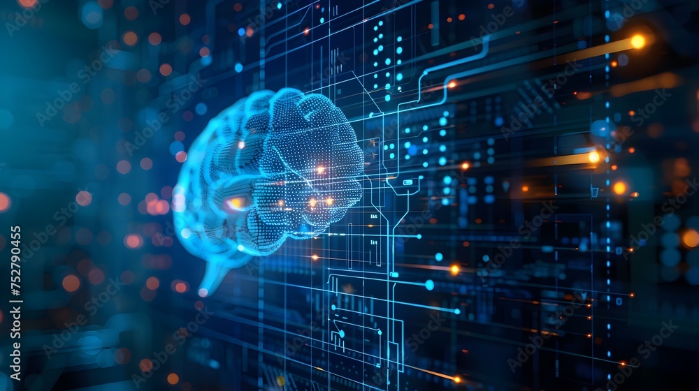 Poster brain connected to digital circuit board, to illustrate the concept of the brains connection to tech