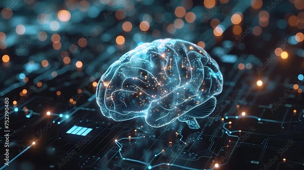 Poster artificial intelligence brain in hyper-realistic sci-fi style, to illustrate the concept of artifici