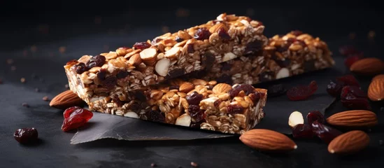 Zelfklevend Fotobehang Nutritious Grano Bar Loaded with Crunchy Nuts and Sweet Dried Cherries for a Healthy Snack © Ilgun