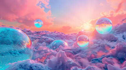 Retro psychedelic bubbles field planet in pop pink blu - obrazy, fototapety, plakaty