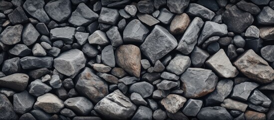 A black and white landscape featuring an assortment of rocks and gravel scattered across the ground. The rocks vary in size and shape, creating an uneven surface.