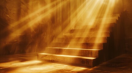 Abstract golden light rays scene with stairs 