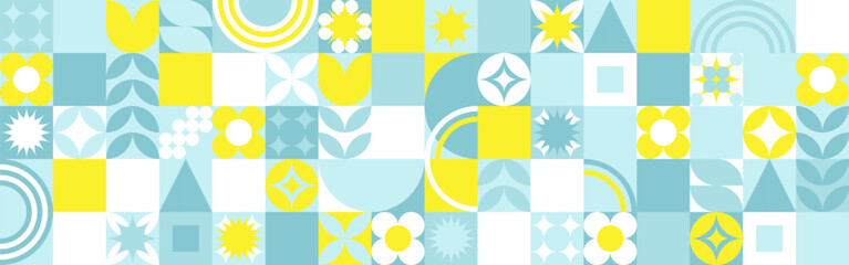 Seamless geometric summer background from flowers ornament, bright textiles and wallpaper. Daisies and bells in yellow and blue sunny shades for packaging goods and gifts. - obrazy, fototapety, plakaty
