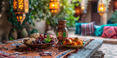 Cozy Ramadan Corner with Traditional Snacks and Lanterns. A beautiful Ramadan setting featuring a platter of dates and pastries, fresh fruit, and ornate lanterns.