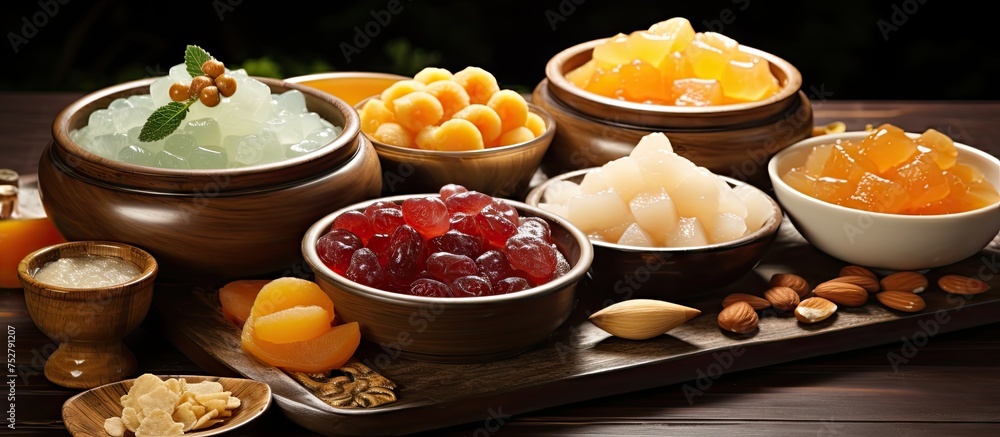 Poster assorted fruits and nuts displayed on a rustic wooden tray for healthy snacking