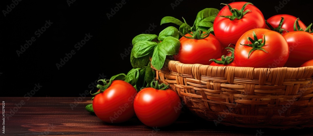 Sticker Fresh Harvest: A colorful assortment of ripe tomatoes and fragrant basil leaves in a rustic basket