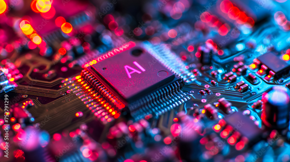 Poster advanced computer processor chip with ai acceleration in dark digital environment.