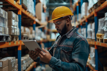 worker in warehouse checking list with his android tab - obrazy, fototapety, plakaty