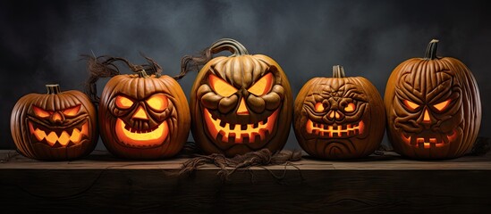 Spooky Halloween Pumpkins with Carved Faces Displayed on Rustic Wooden Table