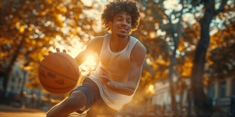 Dynamic Basketball Player in Action at Sunset. An energetic young man playing basketball in an urban park with the golden glow of sunset behind him.