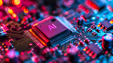 Fototapeta na wymiar Advanced computer processor chip with AI acceleration in dark digital environment.