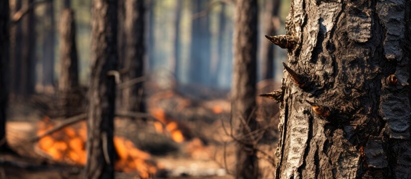 Eerie Remnants: Devastating Forest Aftermath with Charred Trees and Scorched Leaves