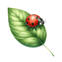 Fototapeta premium Ladybug crawling on green leave. watercolor illustration, funny little insect collection. Spring and summer vector illustration.