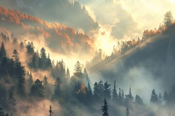 Autumn's Golden Glow A Forest of Foggy Trees Generative AI