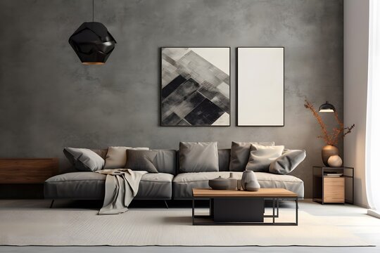 Modern interior design of living room with grey sofa 3d render illustration