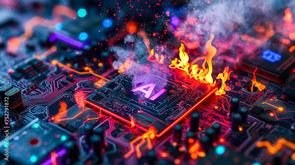 Poster advanced computer processor chip with ai acceleration is burning in dark digital environment.