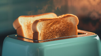 Two slices of toast emerge from a vintage pastel-colored toaster