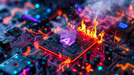 Advanced computer processor chip with AI acceleration is burning in dark digital environment.