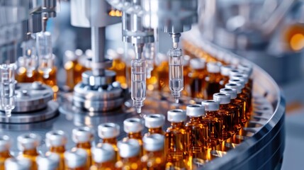 modern pharmaceutical factory The glass tube is being filled. Pharmaceutical production.