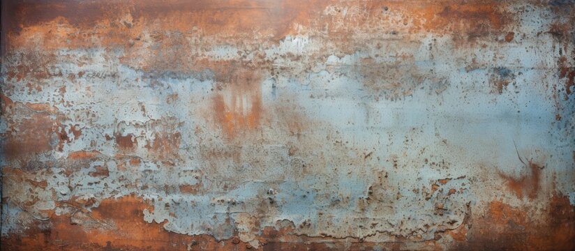 A rusted metal plate is featured against a background of brown and blue hues. The plate shows signs of corrosion and wear, giving it a weathered appearance.