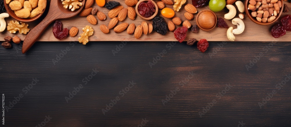 Poster assorted nuts and seeds arranged on a rustic wooden table for healthy snacking