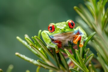 Fototapeta premium Frog in Focus A Close-Up of a Green Frog with Red Eyes Generative AI