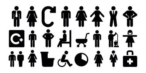 WC icons set. Toilet sign. Man, woman, mother with baby and handicapped silhouettes collection. Male and female restroom