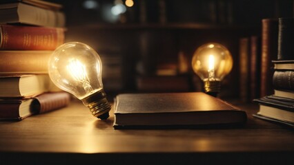 Close-up high-resolution image of bright ideas illustration, with lightbulbs and books. Successful journey motivation.