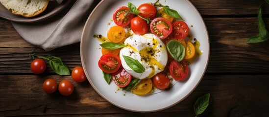 Rustic Breakfast Delight - Tomatoes, Eggs, and Bread on a Plate with Vintage Vibes
