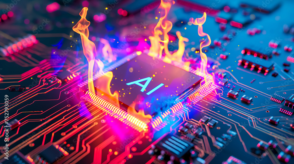 Aufkleber advanced computer processor chip with ai acceleration is burning in dark digital environment.