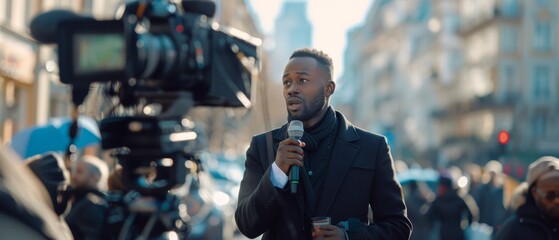 Reporter conducting a live broadcast with microphone on city streets - obrazy, fototapety, plakaty