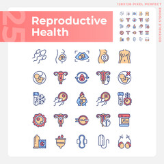 Reproductive health RGB color icons set. Artificial pregnancy, childcare. Pregnancy prevention methods. Isolated vector illustrations. Simple filled line drawings collection. Editable stroke